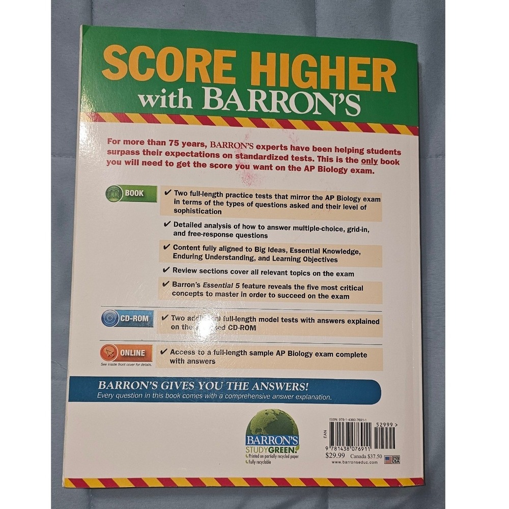 Barron's AP Biology 6th Edition Test Prep Book with CD-ROM Deborah Goldberg - Picture 3 of 3